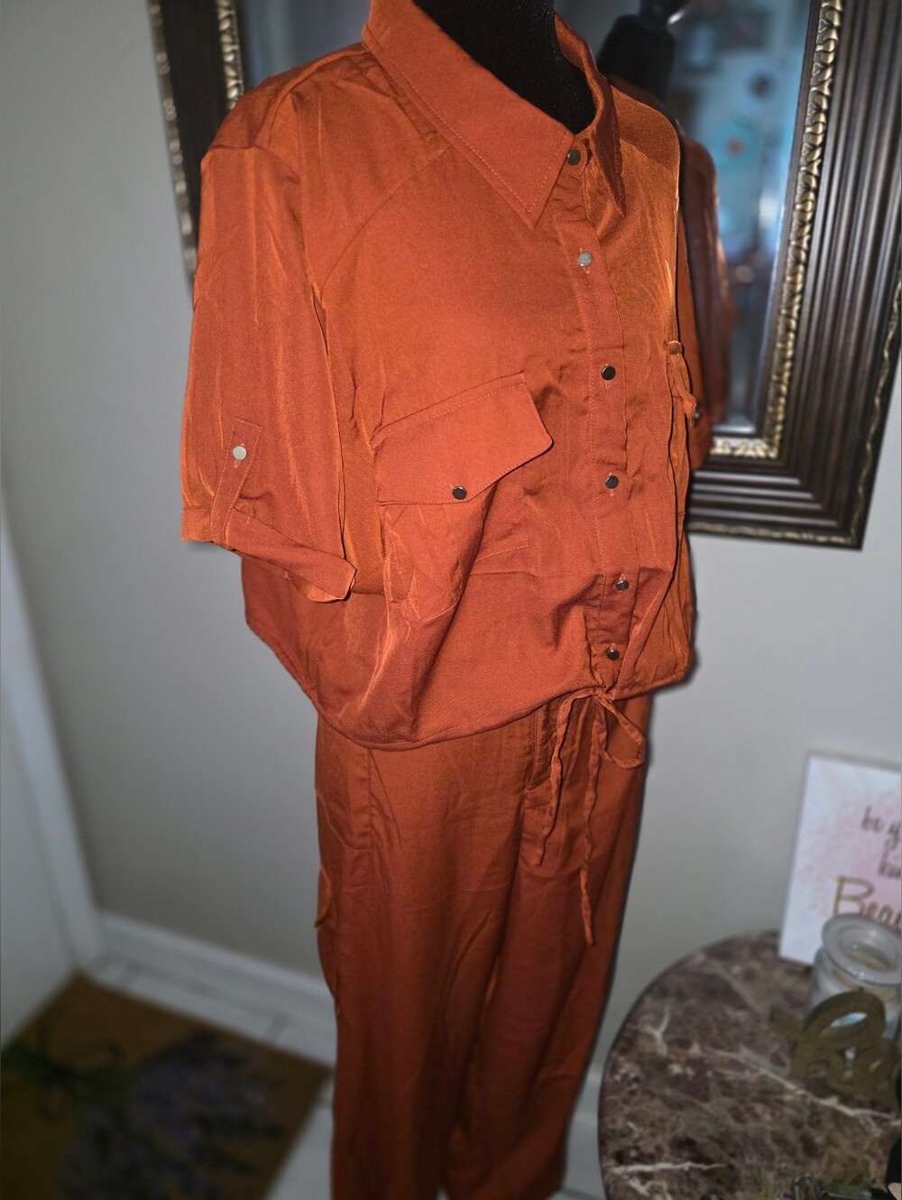 Women’s Rust Orange Button-Front Jogger Set